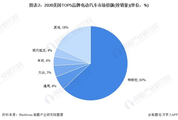 图表2：2020美国TOP5品牌电动汽车市场份额(按销量)(单位：%)