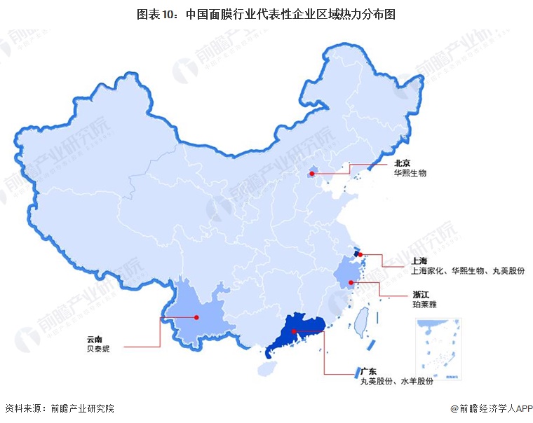 图表10：中国面膜行业代表性企业区域热力分布图