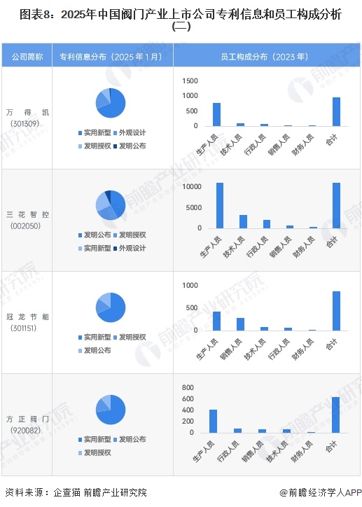 图表8：2025年中国阀门产业上市公司专利信息和员工构成分析(二)