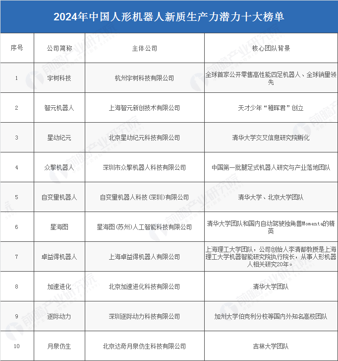 2024年中国人形机器人新质生产力潜力十大榜单