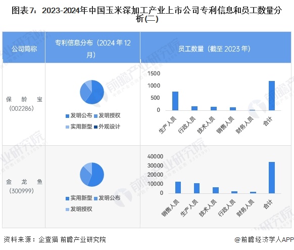 图表7：2023-2024年中国玉米深加工产业上市公司专利信息和员工数量分析(二)