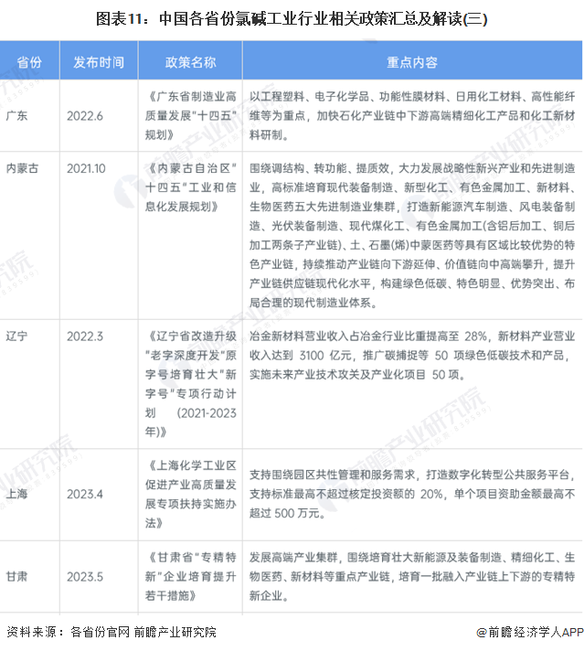 图表11：中国各省份氯碱工业行业相关政策汇总及解读(三)