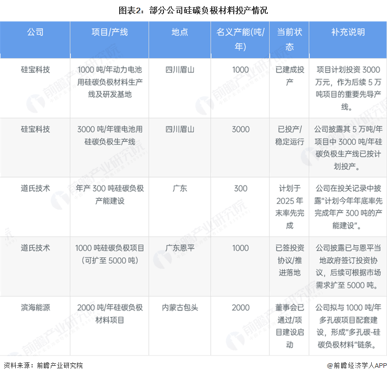 图表2：部分公司硅碳负极材料投产情况