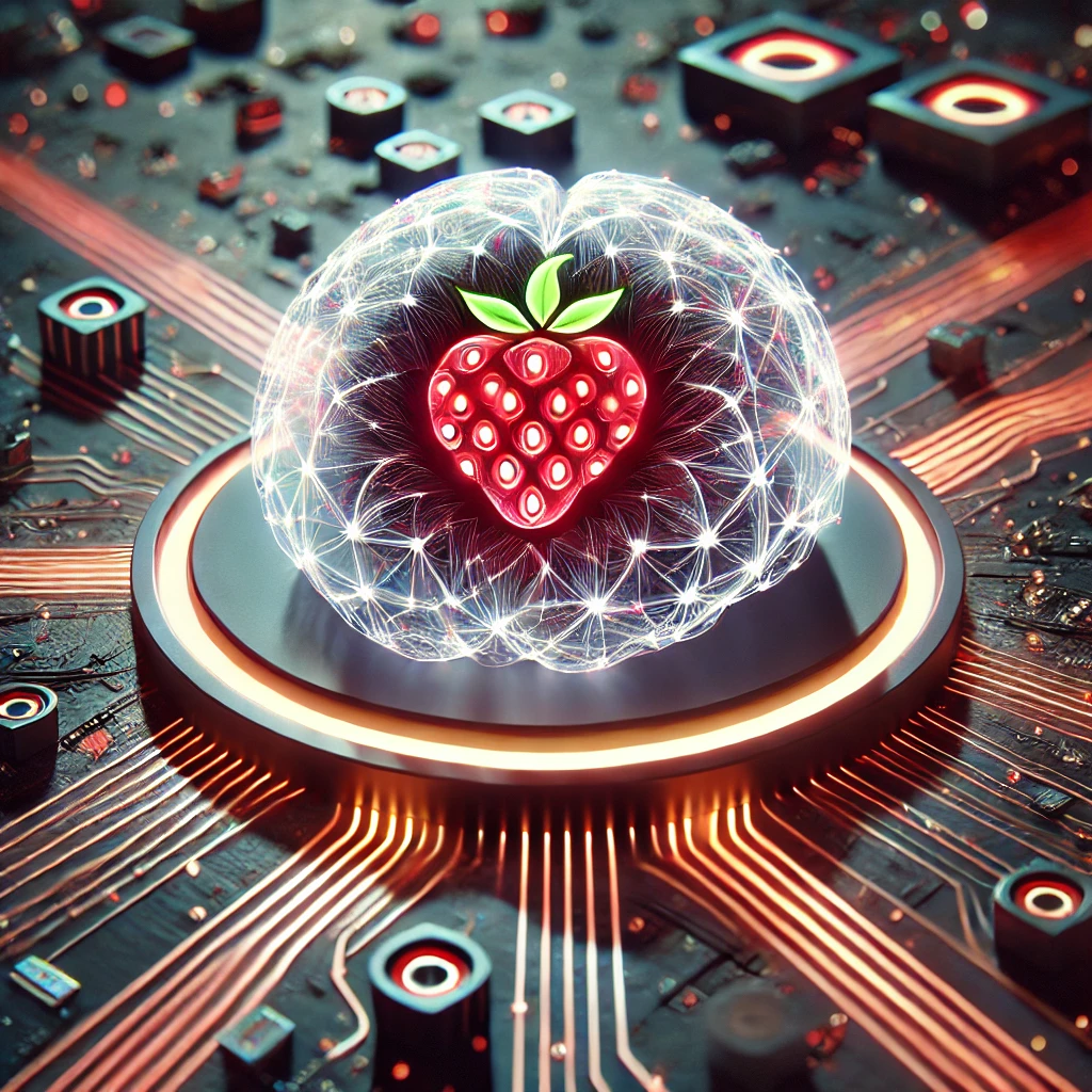 DALL·E 2024-09-11 19.07.55 - A futuristic image representing OpenAI's 'Strawberry' project. The image features a large digital brain with a strawberry motif prominently at the cen.png