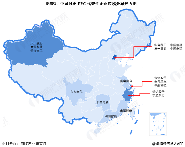 图表2：中国风电EPC代表性企业区域分布热力图