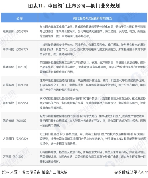 图表11：中国阀门上市公司——阀门业务规划