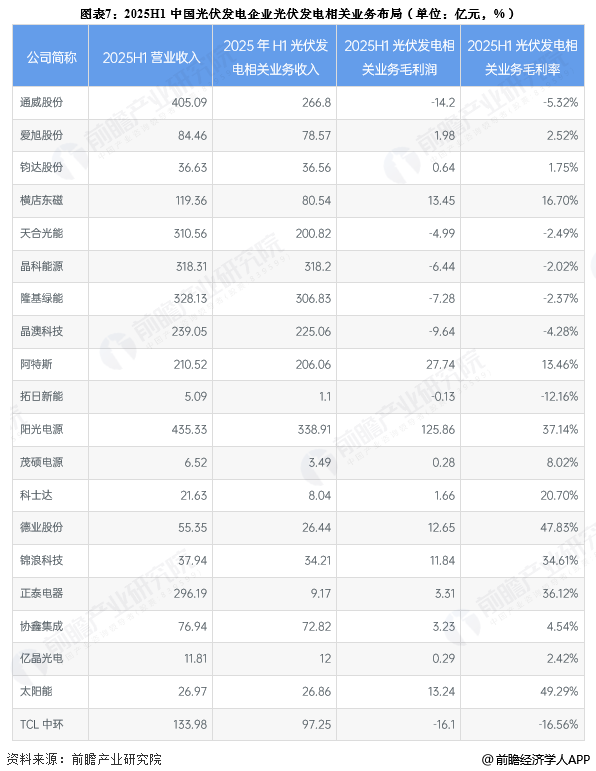图表7：2025H1中国光伏发电企业光伏发电相关业务布局(单位：亿元，%)
