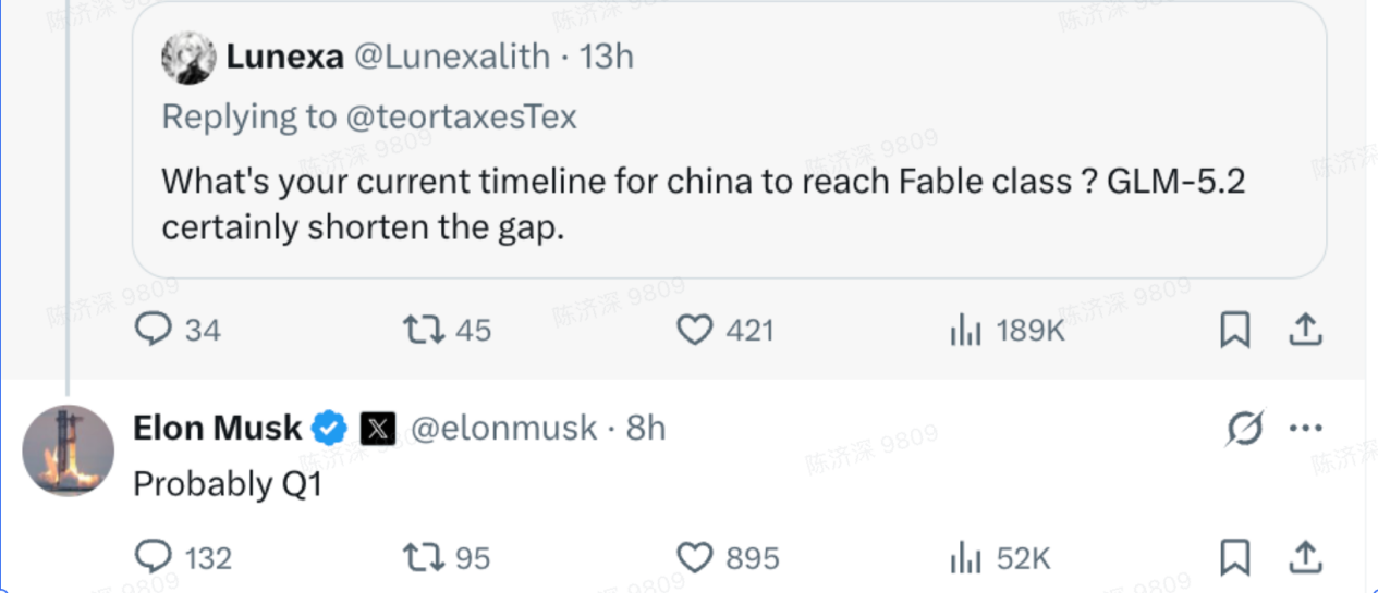 马斯克在社交平台X上回复网友提问，称中国大模型达到Fable水平“可能在（2027年）一季度”