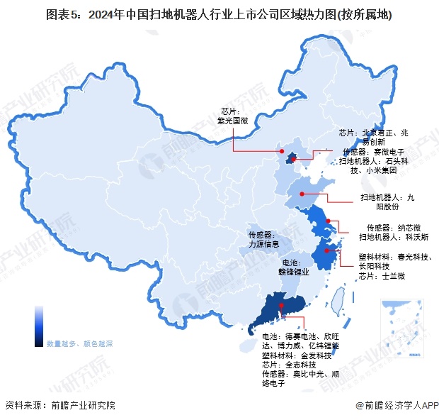 图表5：2024年中国扫地机器人行业上市公司区域热力图(按所属地)