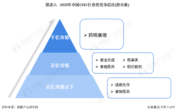 图表2：2025年中国CRO行业的竞争层次(按市值)