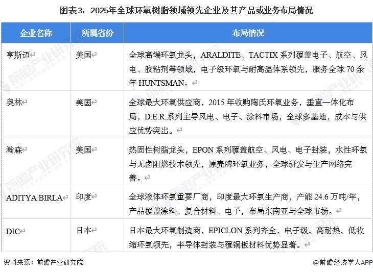 图表3：2025年全球环氧树脂领域领先企业及其产品或业务布局情况