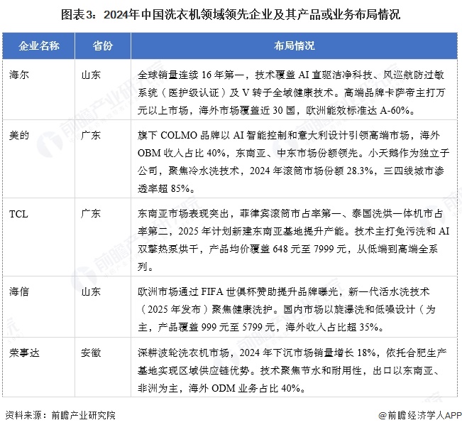 图表3：2024年中国洗衣机领域领先企业及其产品或业务布局情况