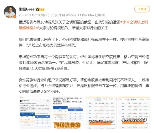 格力电器市场总监朱磊在微博回应“小米空调线上销量超越格力”