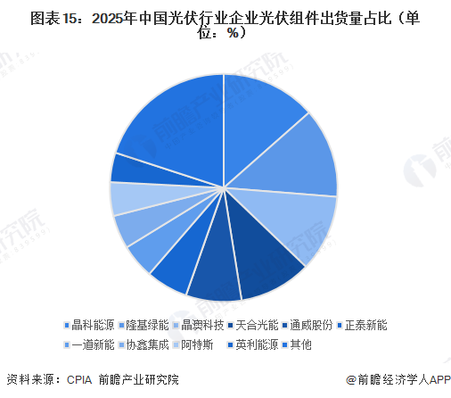 图表15：2025年中国光伏行业企业光伏组件出货量占比（单位：%）