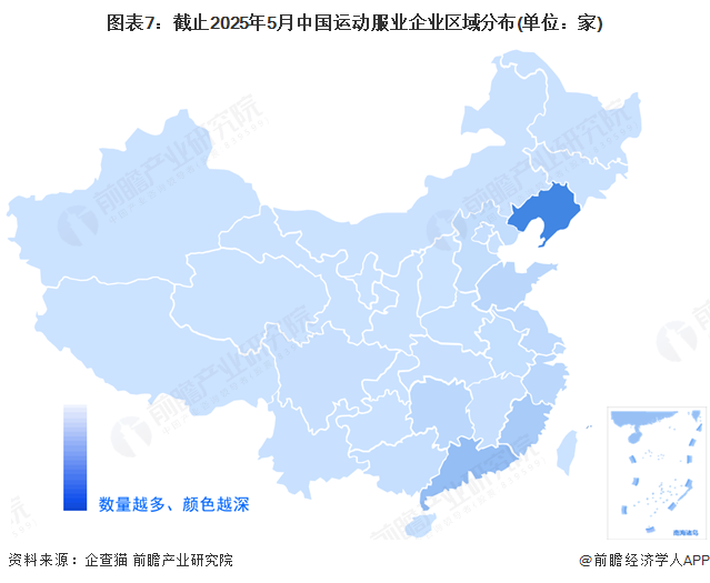 图表7：截止2025年5月中国运动服业企业区域分布(单位：家)