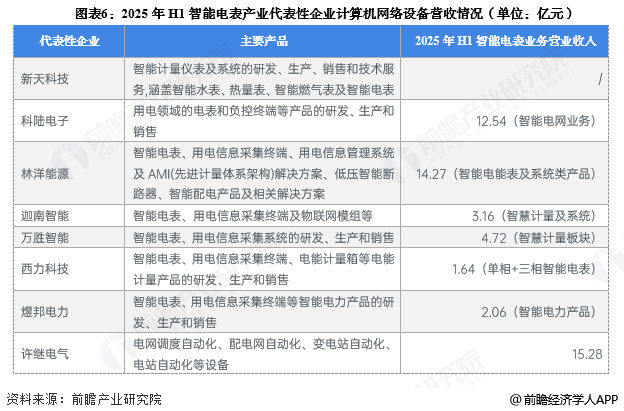 图表6：2025年H1智能电表产业代表性企业计算机网络设备营收情况(单位：亿元)