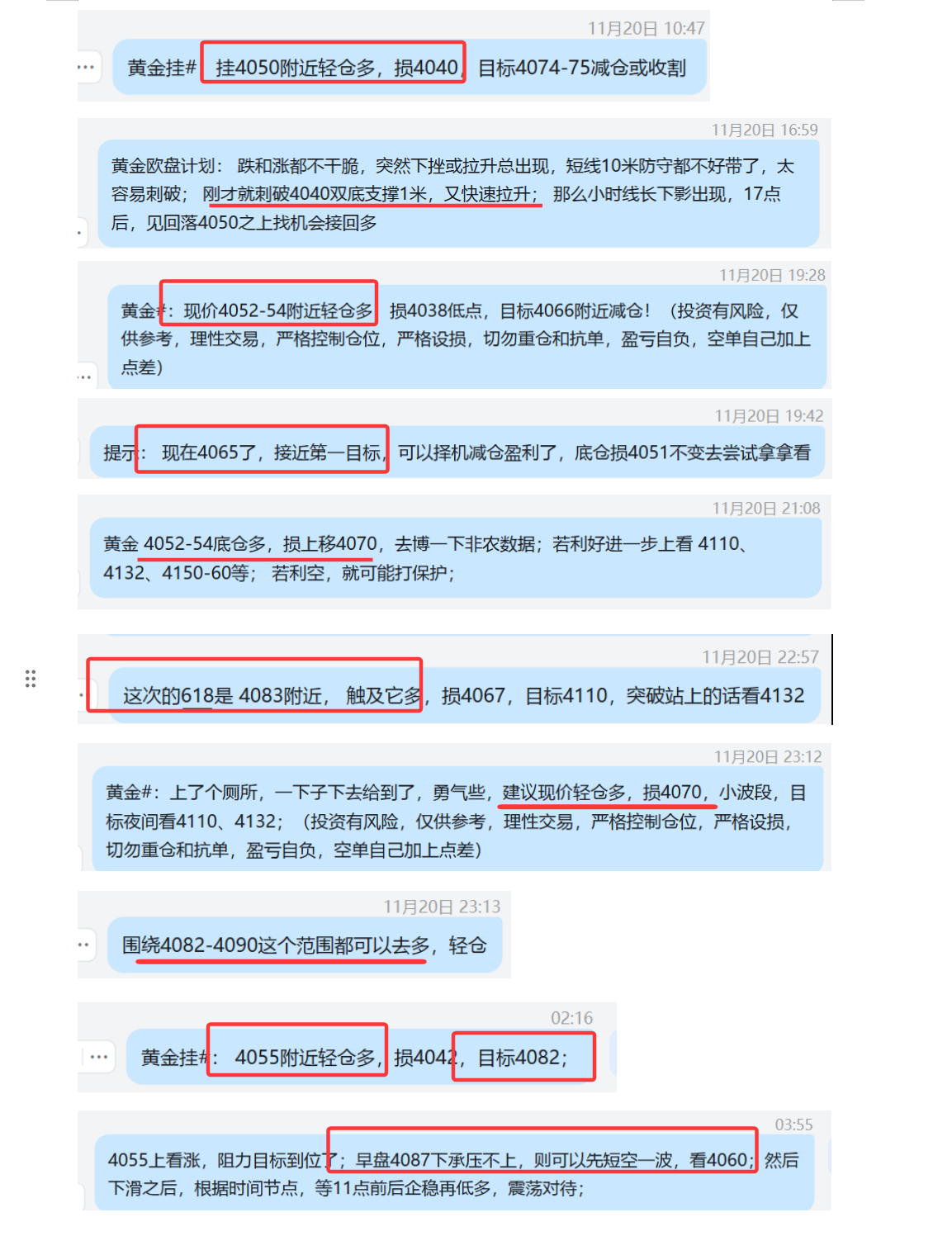 11.20 黄金  4050多，刺破损4040；  4052-54多，4065减仓，底仓4070打保护盈利； 4090波段多，损4067； 夜间4055上看涨 和4087下看跌，思路都正确，目标都抵达.png