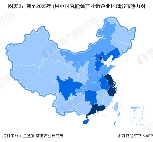 图表2：截至2025年1月中国氢能源产业链企业区域分布热力图