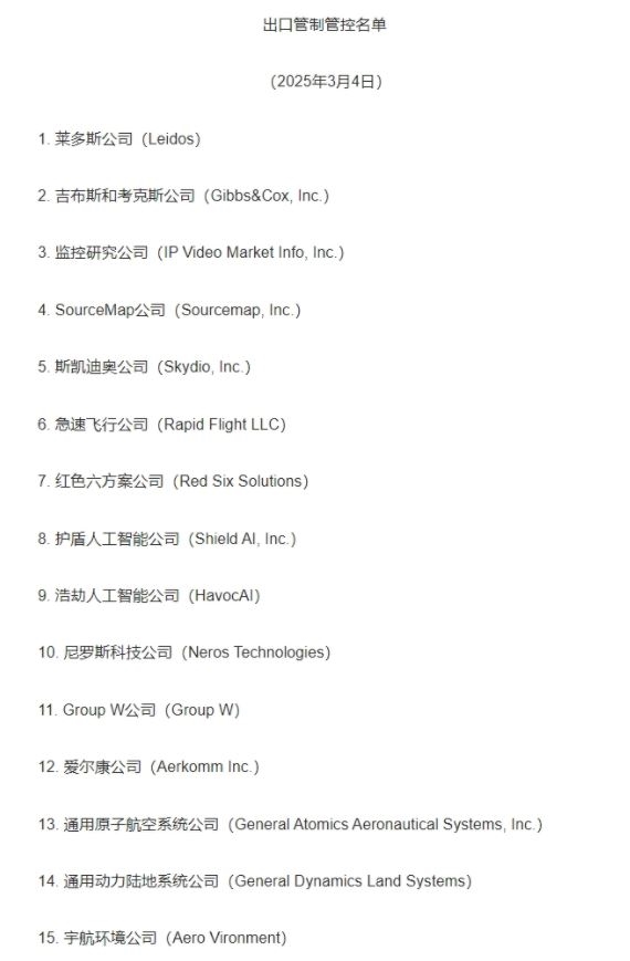 开始实施！我国将15家美国实体列入出口管制管控