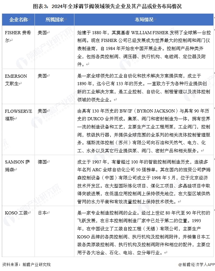 图表3：2024年全球调节阀领域领先企业及其产品或业务布局情况