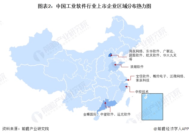 图表2：中国工业软件行业上市企业区域分布热力图