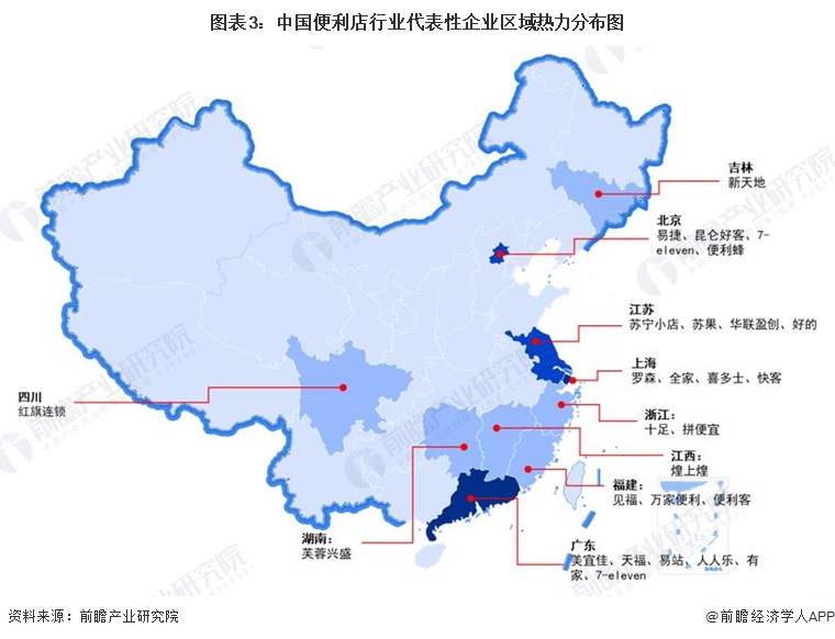 图表3：中国便利店行业代表性企业区域热力分布图