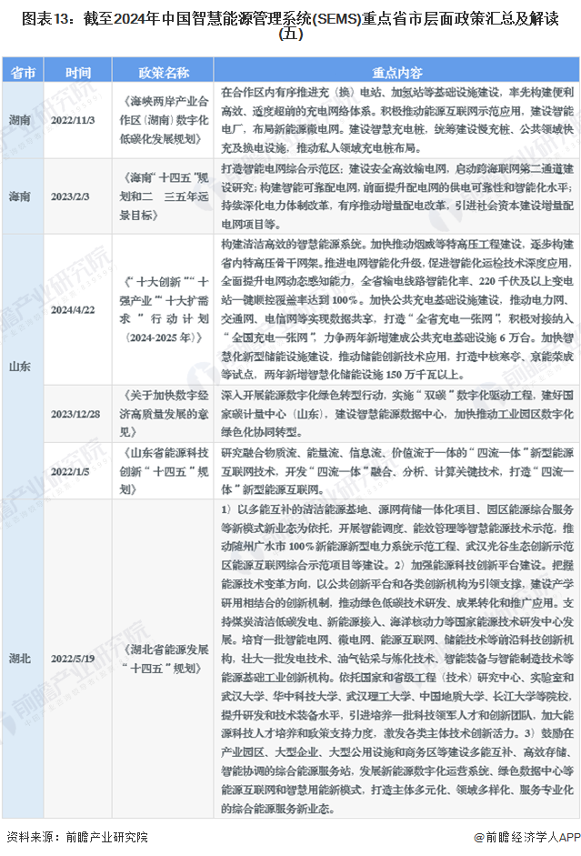 图表13：截至2024年中国智慧能源管理系统(SEMS)重点省市层面政策汇总及解读(五)