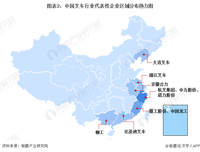 图表2：中国叉车行业代表性企业区域分布热力图