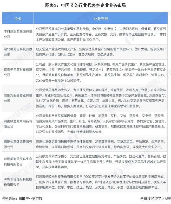 图表3：中国艾灸行业代表性企业业务布局