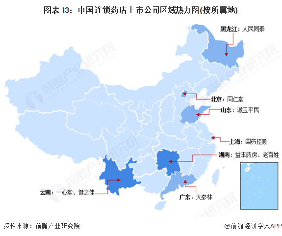 图表13：中国连锁药店上市公司区域热力图(按所属地)