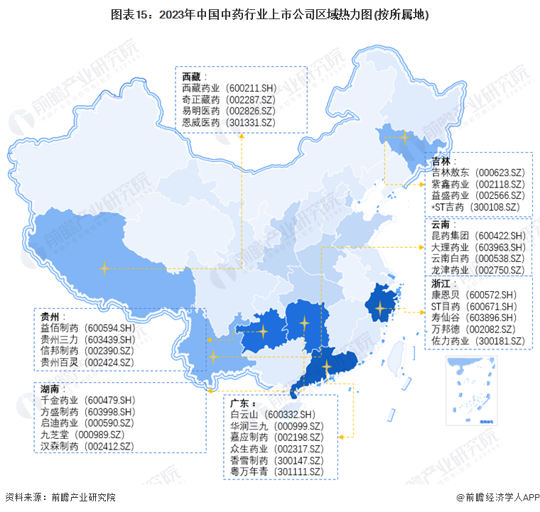 图表15：2023年中国中药行业上市公司区域热力图(按所属地)