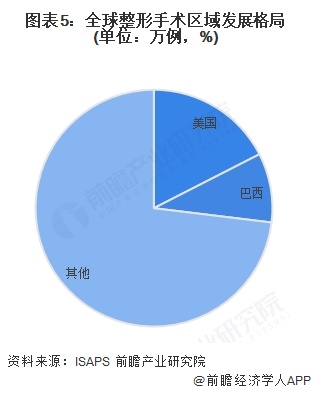 图表5：全球整形手术区域发展格局(单位：万例，%)