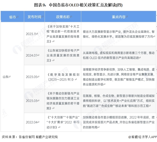 图表9：中国各省市OLED相关政策汇总及解读(四)