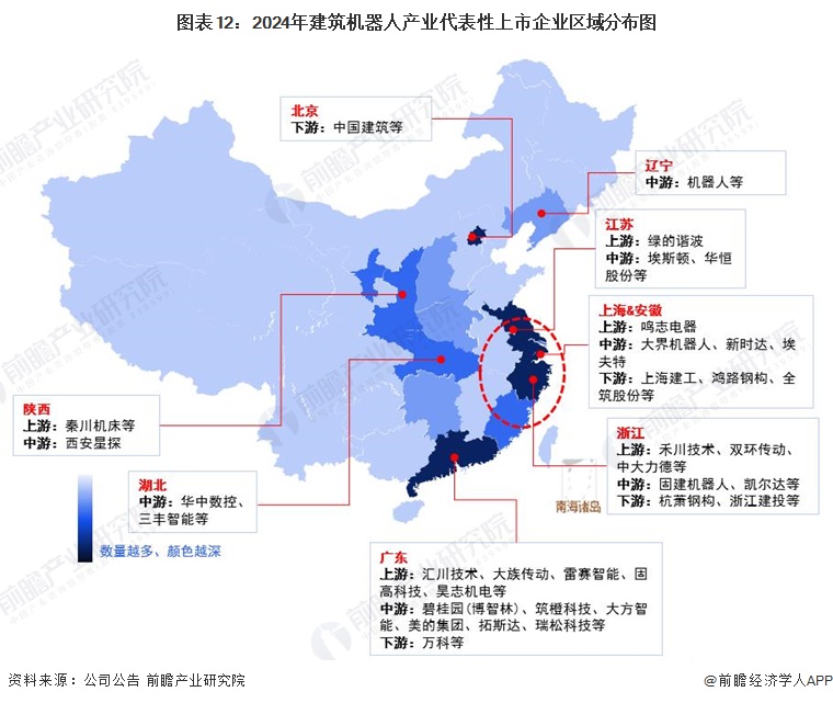 图表12：2024年建筑机器人产业代表性上市企业区域分布图