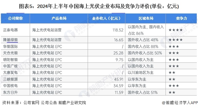 图表5：2024年上半年中国海上光伏企业布局及竞争力评价(单位：亿元)