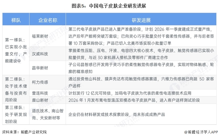 图表5：中国电子皮肤企业研发进展