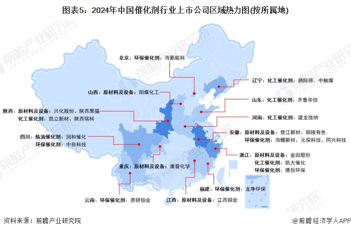 图表5：2024年中国催化剂行业上市公司区域热力图(按所属地)