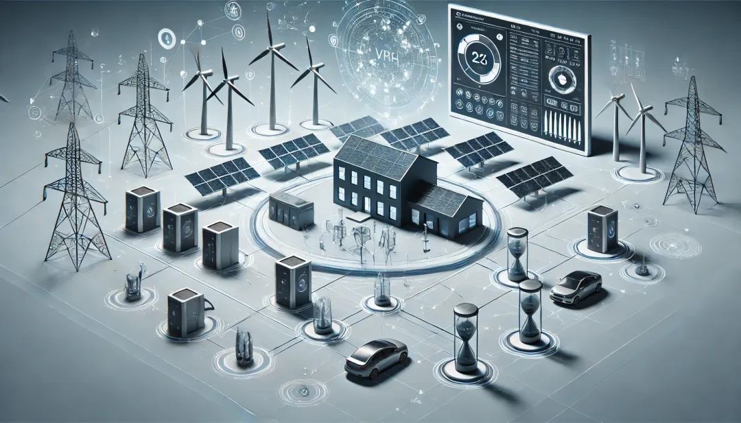 A minimalist, professional-style digital illustration representing a virtual power plant (VPP). The image showcases a network of distributed energy resources, including solar panels, wind turbines, battery storage units, and electric vehicles, all interconnected in a digital, intelligent grid system. A modern control center subtly monitors and optimizes energy flow in the background. The composition is sleek, wide-format, and visually sophisticated, without any text or numerical elements.