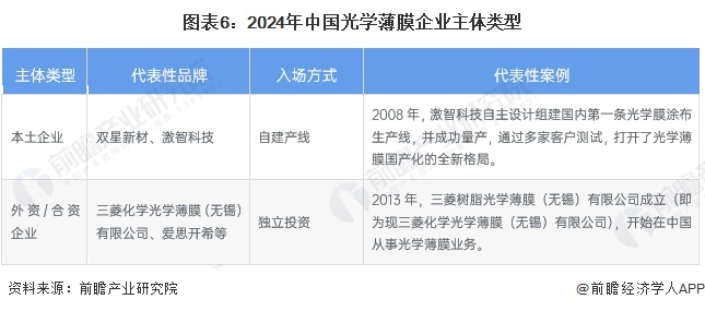 图表6：2024年中国光学薄膜企业主体类型