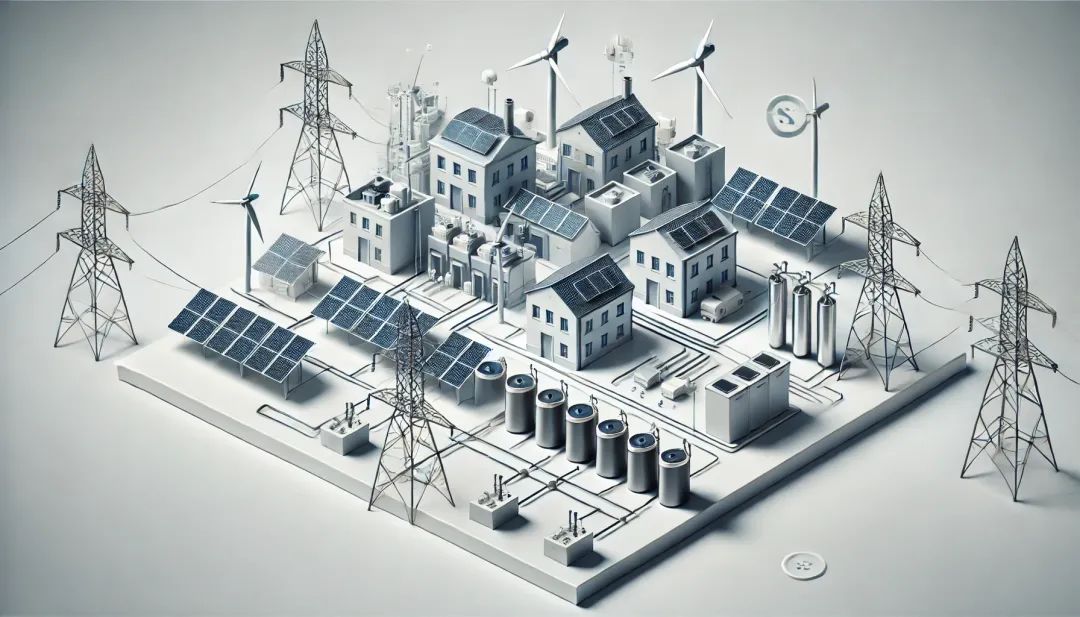 A minimalist, professional-style digital illustration representing distributed renewable energy. The image features solar panels on rooftops, small wind turbines, and battery storage units integrated into an urban and industrial setting. Energy flow is subtly visualized, showing the connection between local generation, self-consumption, and grid interaction. The composition is sleek, wide-format, and visually sophisticated, avoiding any text or numerical elements.