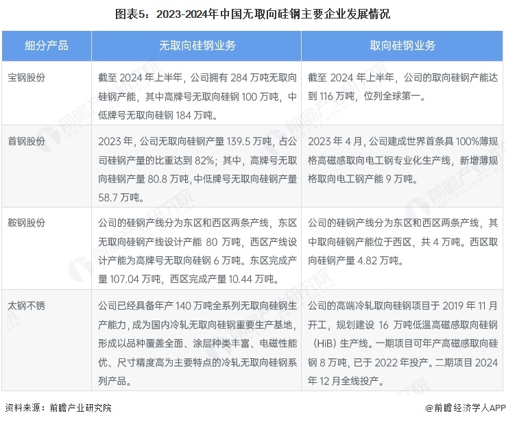 图表5：2023-2024年中国无取向硅钢主要企业发展情况