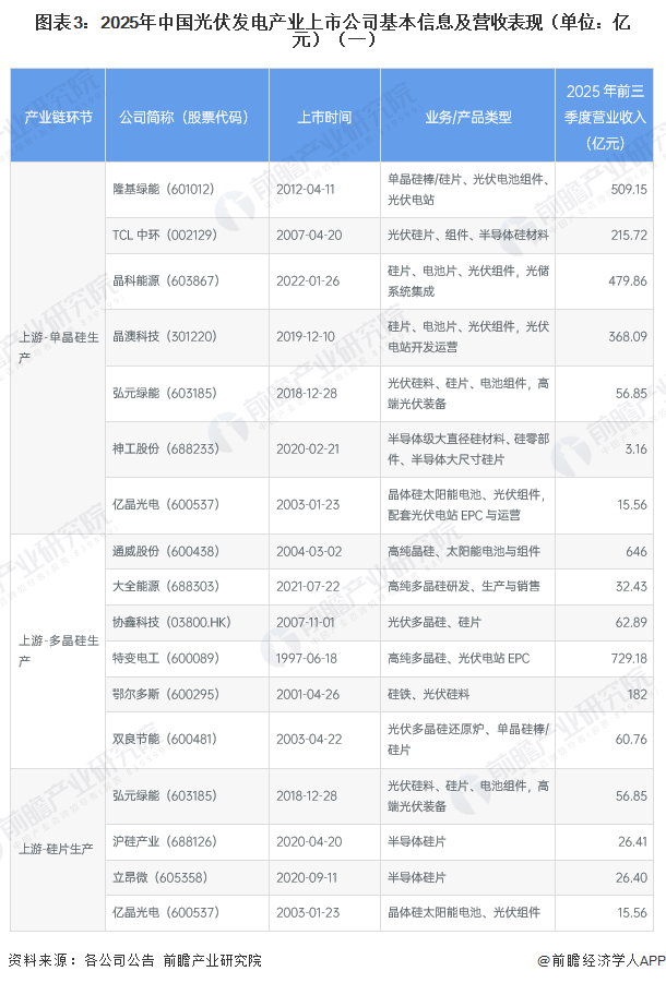 图表3：2025年中国光伏发电产业上市公司基本信息及营收表现（单位：亿元）（一）