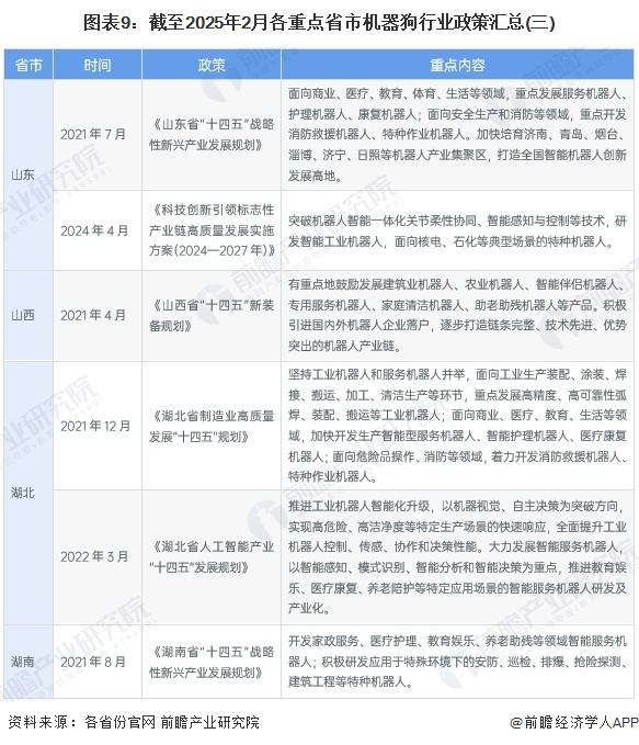 图表9：截至2025年2月各重点省市机器狗行业政策汇总(三)