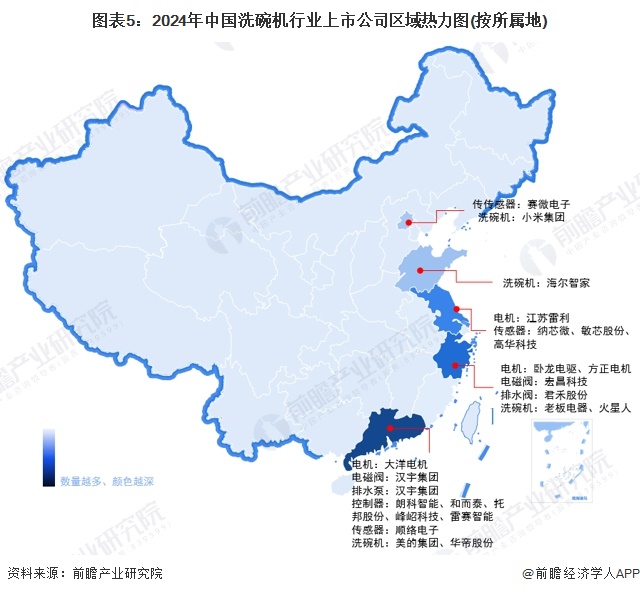 图表5：2024年中国洗碗机行业上市公司区域热力图(按所属地)