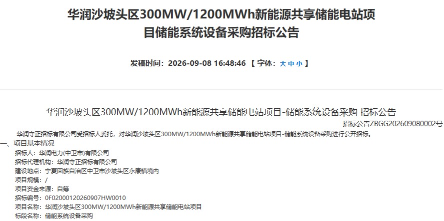 华润沙坡头区300MW/1200MWh新能源共享储能电站项目储能系统设备采购招标