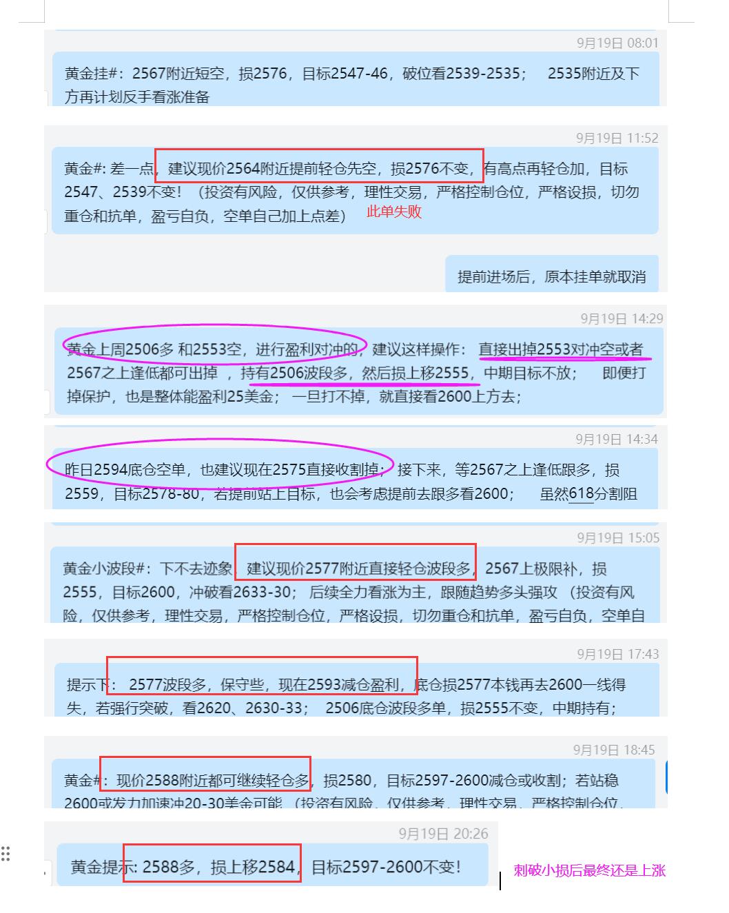 9.19 黄金  昨日2494空，最低2446没全出掉，今日2475全盈利收割； 今日2464轻仓空，损2476、2577多，2593盈利、2588多，损2584，最终仍上涨2600； 前期2506底仓波段多，继续持有.jpg