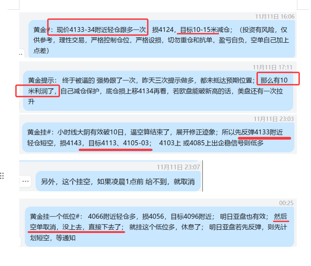 11.11 黄金  4133-34空， 10米盈利减仓； 美盘计划空，没给到入场点，直接下去抵达目标；.png