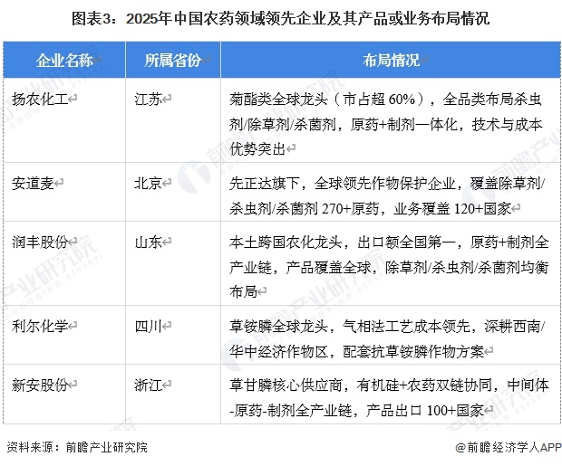 图表3：2025年中国农药领域领先企业及其产品或业务布局情况
