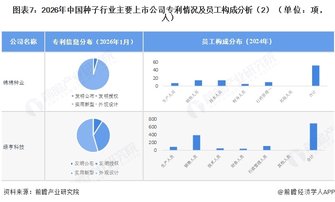 图表7：2026年中国种子行业主要上市公司专利情况及员工构成分析（2）（单位：项，人）