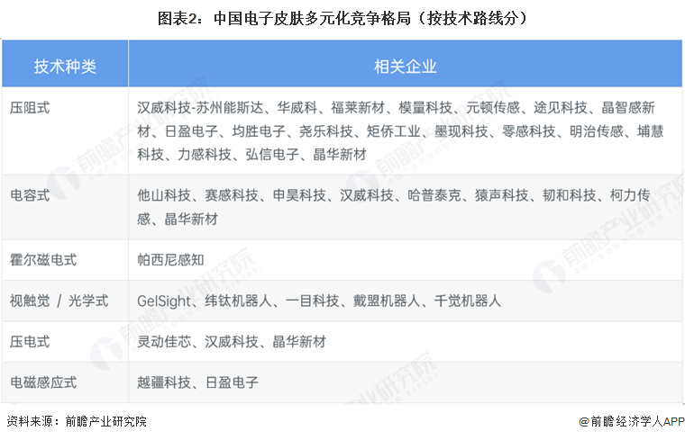 图表2：中国电子皮肤多元化竞争格局（按技术路线分）